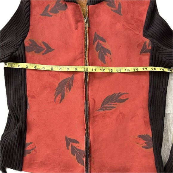 ROBERT KITCHEN CANADA Faux Suede Orange Brown Leaf Full Zip Cardigan Size Large - Picture 8 of 11